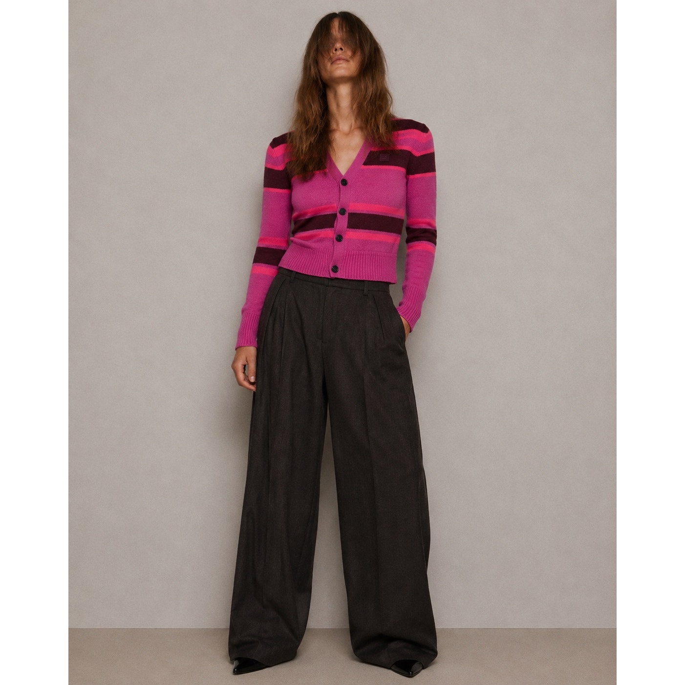 Acne Studios Kimano Wool Cardigan Pink Striped Sweater Face Logo Small